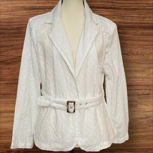 Woman's White Lace Eyelet Jacket Blazer with Belt Boho Office Feminine Preppy‎